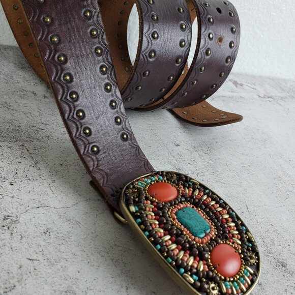 Vintage Lucky Brand Leather Belt Brown Studded Bohemian Beaded Buckle Western L main image 10